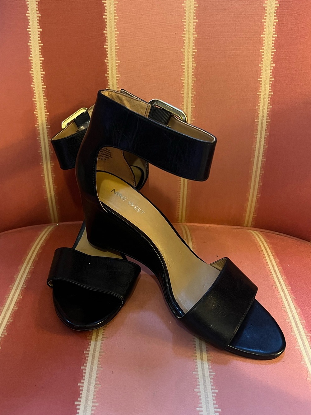 Nine West Black Leather Ankle Strap Wedge Sandals - Size 8.5